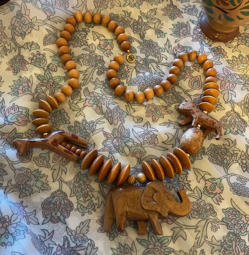 Vintage Handcarved Wooden African Animal Necklace w/ Wood & Gold Beads